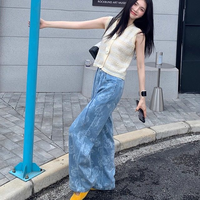 NEVENICO 玫瑰提花抽绳阔腿牛仔裤宽松慵懒风设计感长裤