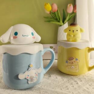 马克杯咖啡杯牛奶杯情侣带盖可爱狗狗水杯杯子陶瓷布丁黄色奶油风