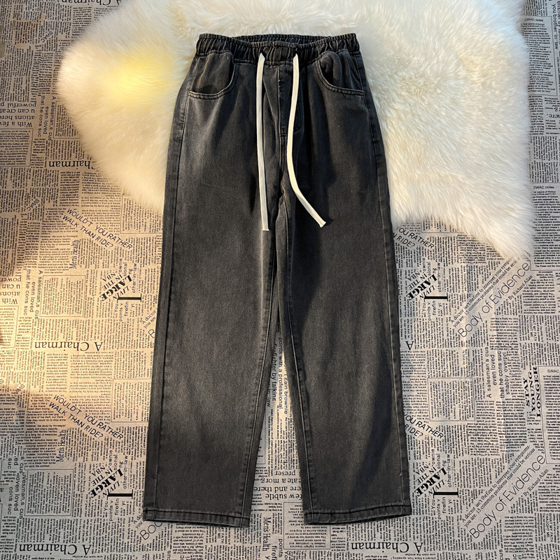 2023 SPRING NEW ELASTIC WAIST JEANS WOMENS LOOSE STRAIGHT LEG WIDE-LEGGED SMALL MAN CROPPED PANTS WOMENS TIDE INS