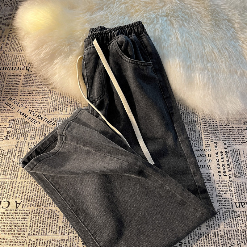 2023 SPRING NEW ELASTIC WAIST JEANS WOMENS LOOSE STRAIGHT LEG WIDE-LEGGED SMALL MAN CROPPED PANTS WOMENS TIDE INS