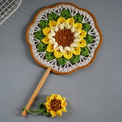 DIY手工古风向日葵团扇子成品毛线编织材料包钩针创意礼物送朋友