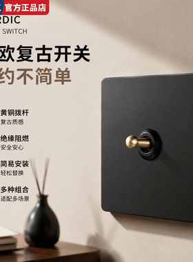 黑色黄铜拨杆开关插座面板墙壁86一开双控带五孔创意民宿酒店商用