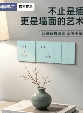 国际电工绿色哑光肤感有机玻璃开关插座面板86型墙壁家用一开五孔