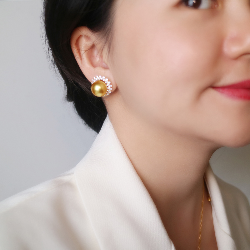 浓金12mm珍珠耳钉金色耳饰送妈妈