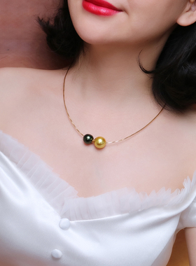 挚彩珠宝双色黑浓金白手工珍珠正圆强光18K锁骨颈链吊坠路路通女