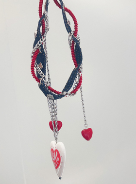 绝美红色牛仔皮链拼接金属链条挂件重工甜辣风格包包挂件服装饰品