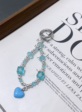 小众设计师款5A水晶爆闪海洋蓝色系手机链高级感迷你链钥匙扣百搭