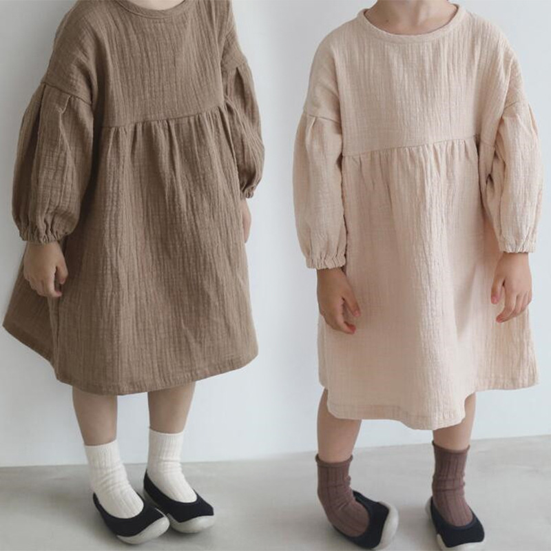 女童连衣裙复古棉麻春秋长袖裙子2025新款韩版洋气泡泡袖公主裙