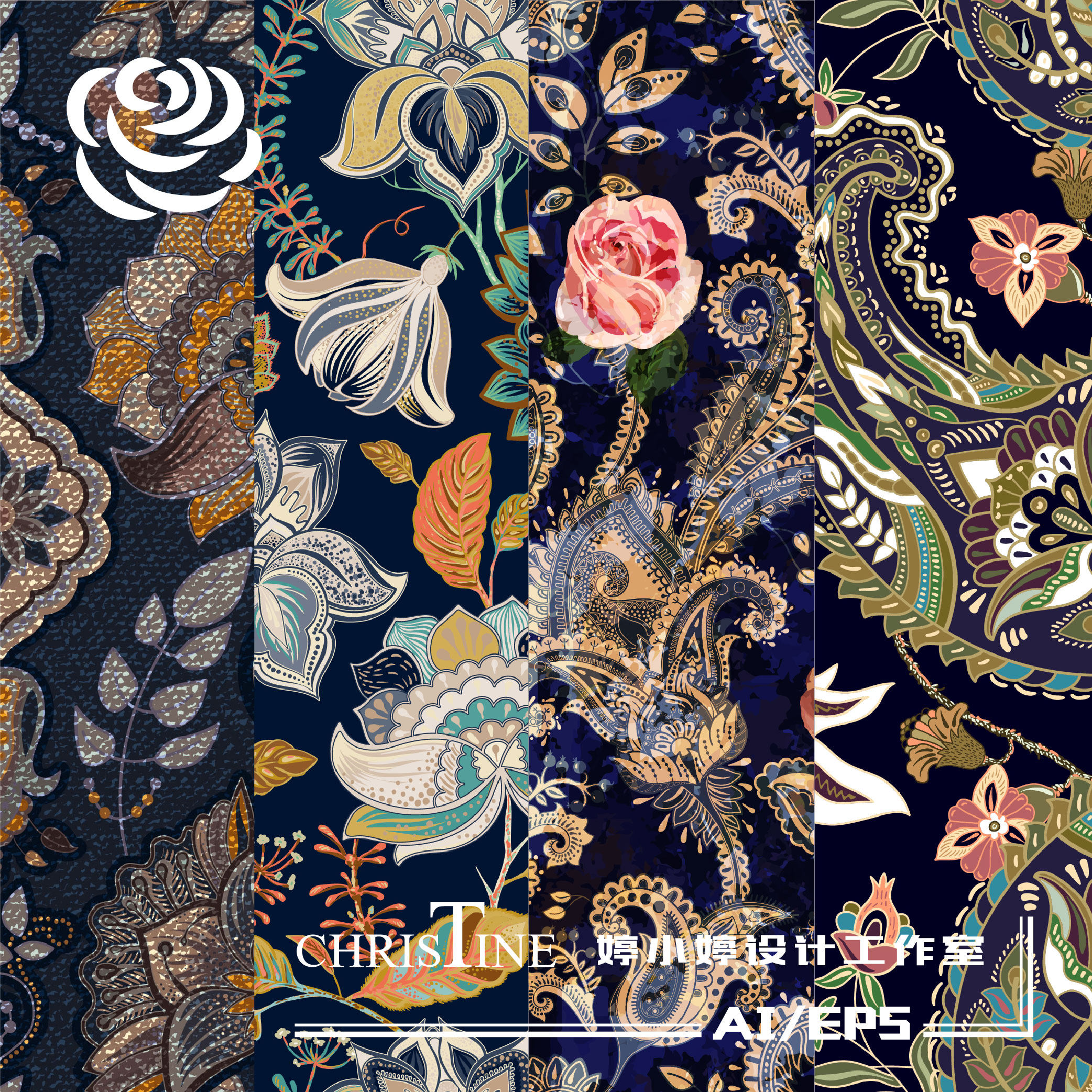 西方奢华复古欧式宫廷波西米亚风植物花卉底纹ai矢量平面设计素材