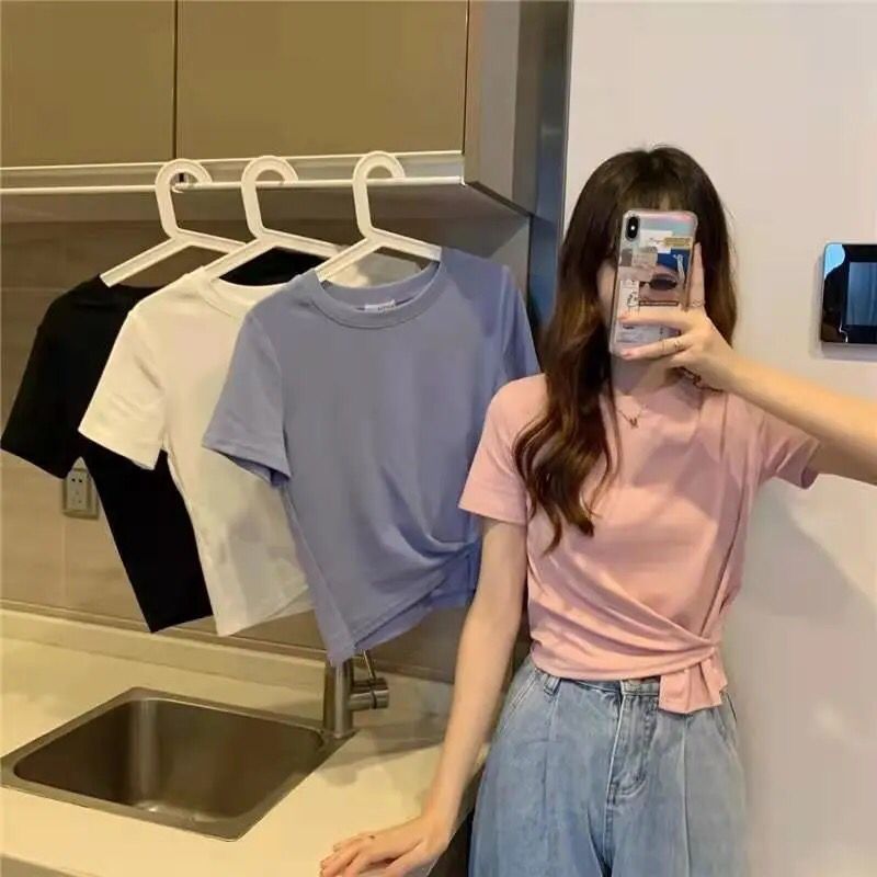 Solid color new Korean slim summer short sleeve design irregular T-shirt slim short top