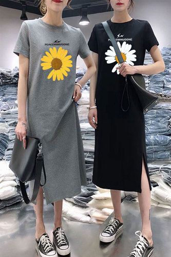 Summer mid long cute age reducing loose sunflower short sleeve women's T-shirt skirt cartoon Printed Dress