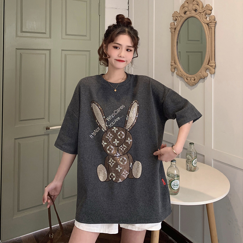 Real shooting new summer cartoon t-shirt female loose fit Korean rabbit hot drill versatile short sleeve top fashion