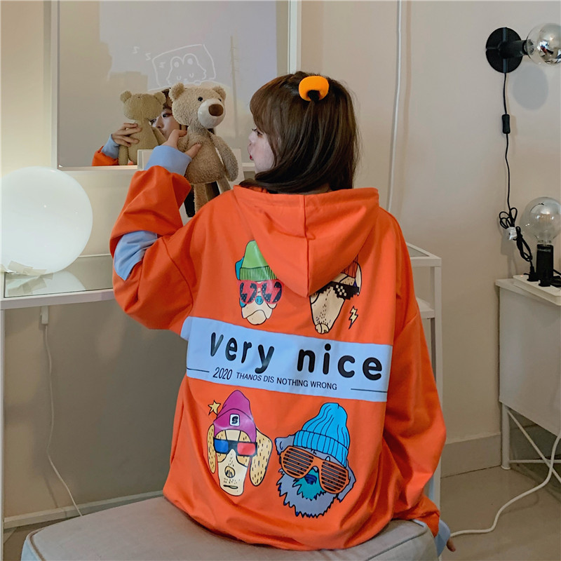 Real shot autumn and winter Korean sweater irregular thin printed loose hooded sweater women's thin coat