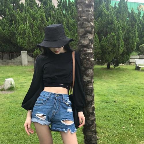 Spring and Autumn New Korean retro bandage open navel short T-shirt women's loose long sleeve top