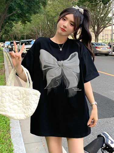 Summer new mid long short sleeve T-shirt bow front and back printing cute girl's top 6535 cotton