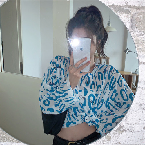 Official website summer retro leopard letter careful machine loose breathable sunscreen long sleeve t-shirt female