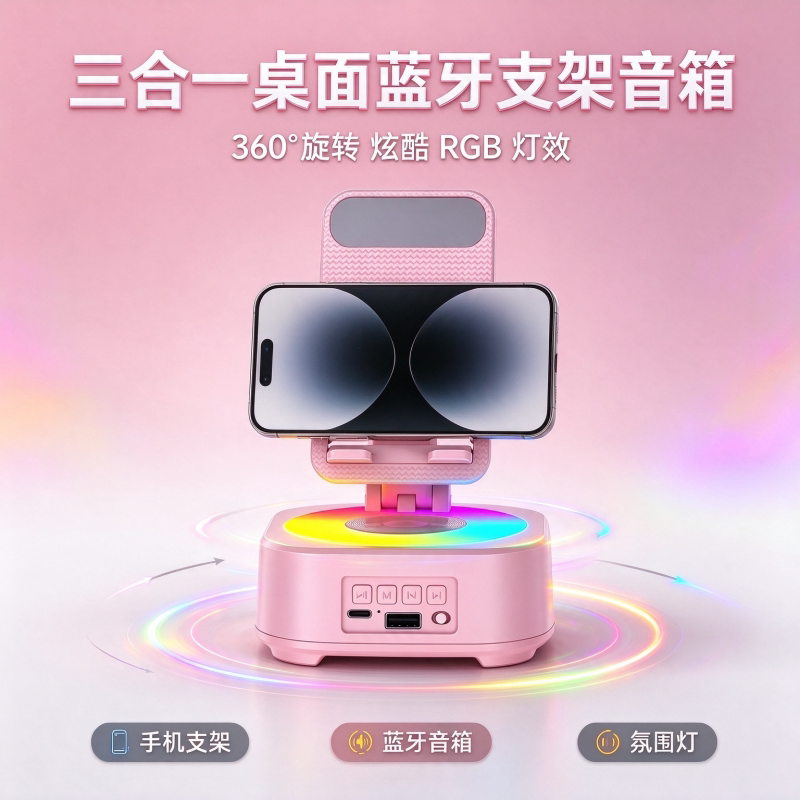 博力神三合一桌面蓝牙支架音箱360旋转炫酷灯震撼低音USB应急充电