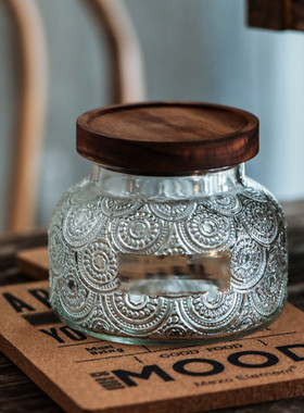 《夏染》复古美式雕花木盖密封玻璃罐子食品级厨房杂粮透明分装瓶