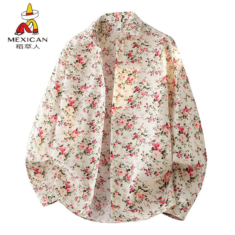 稻草人碎花印花长袖衬衫男春秋季宽松休闲翻领纯棉度假风薄款衬衣