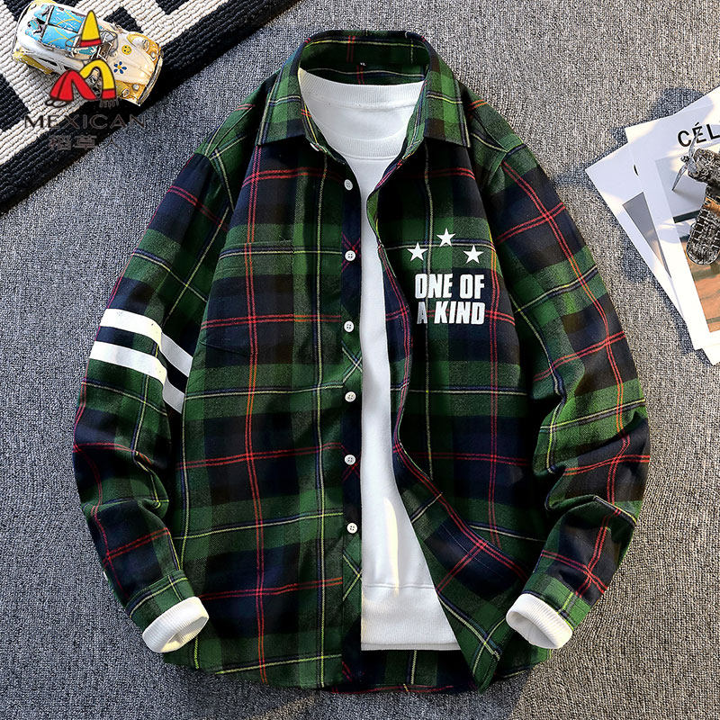 稻草人美式复古格子纯棉衬衫男春秋季长袖青少年潮流外套格纹衬衣