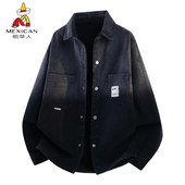 稻草人牛仔外套男春秋季 上衣服 式 新款 潮牌宽松翻领夹克青少年衬衫