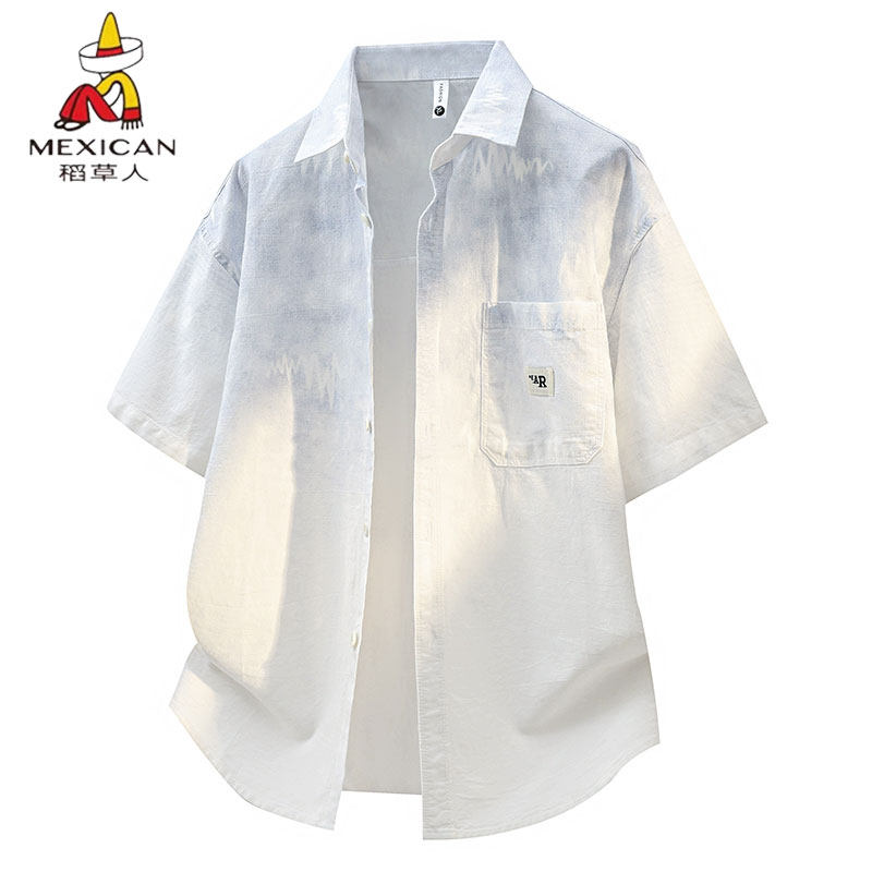 稻草人纯棉渐变色短袖衬衫男青少年夏季新款冰感薄款衬衣半袖外套