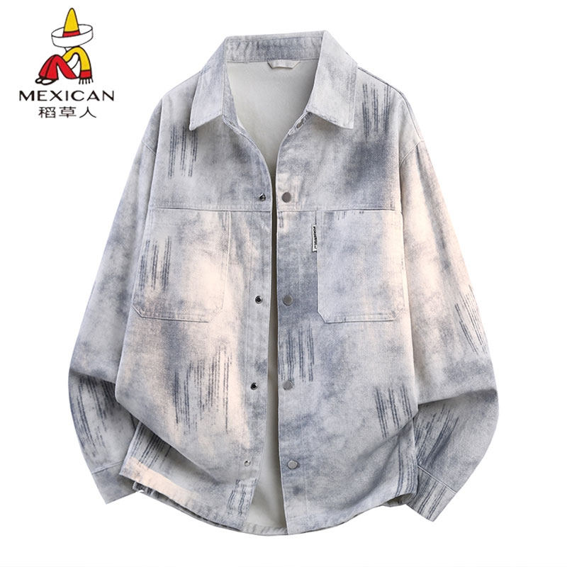 稻草人牛仔外套男春秋季新款渐变宽松衬衫式夹克青少年纯棉上衣潮