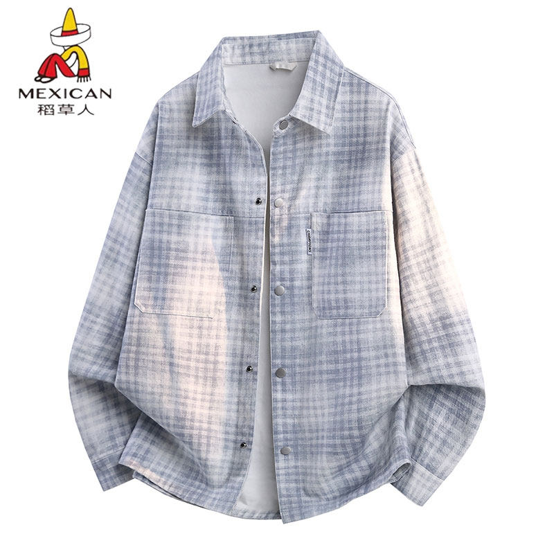 稻草人格子牛仔外套男春秋季新款纯棉休闲翻领夹克青少年衬衫上衣