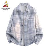 纯棉休闲翻领夹克青少年衬衫 稻草人格子牛仔外套男春秋季 新款 上衣