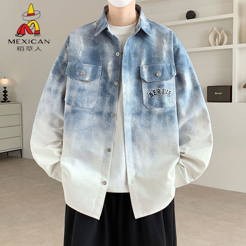 稻草人渐变色纯棉长袖衬衫男宽松翻领休闲风双口袋潮牌外套青少年