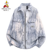 休闲翻领夹克春秋季 稻草人扎染牛仔外套男衬衫 式 青少年痞帅上衣服