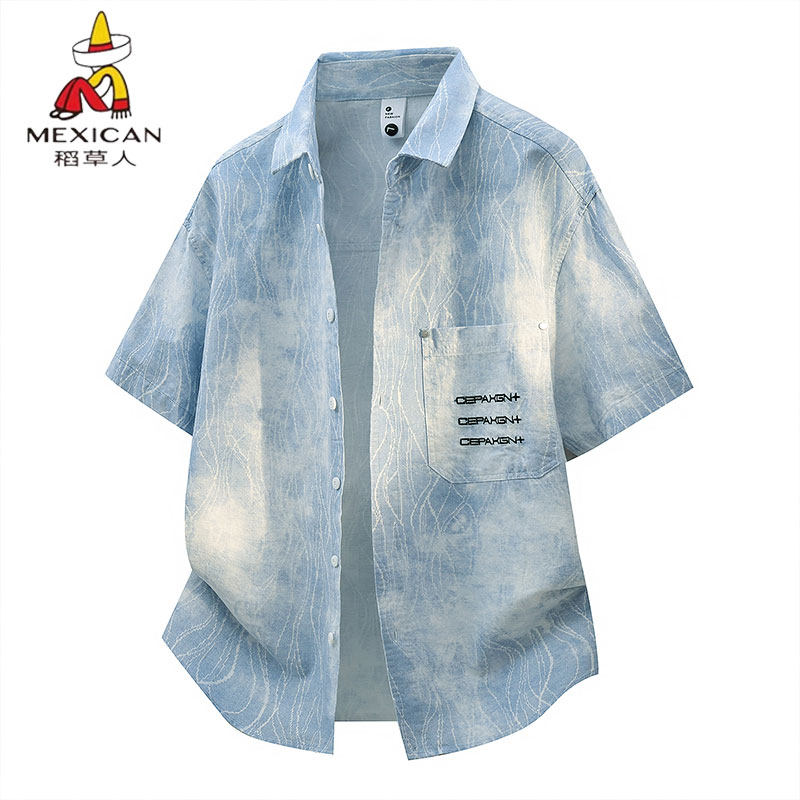 稻草人青少年纯棉短袖衬衫男款夏季薄款宽松休闲翻领衬衣透气开衫