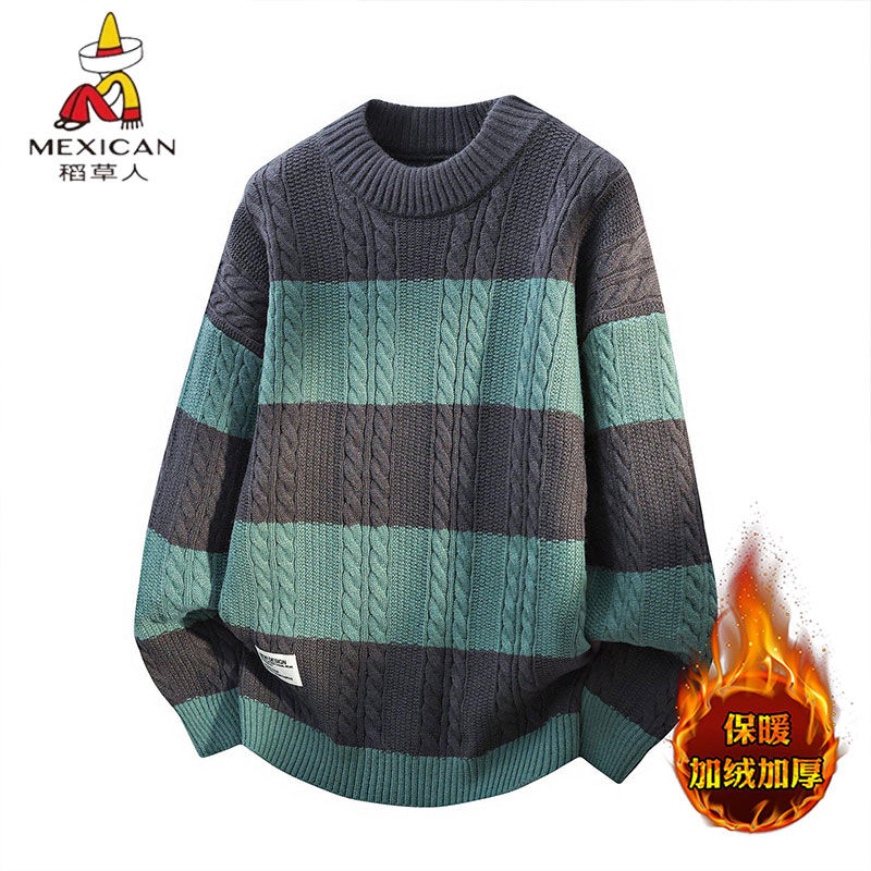 稻草人撞色条纹圆领毛衣男士潮流加绒加厚保暖针织衫宽松休闲百搭