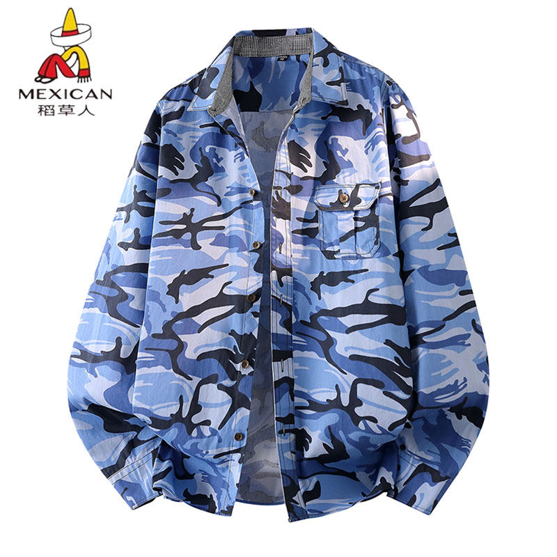 稻草人迷彩衬衫男长袖休闲百搭潮牌男装衬衣外套春秋季潮流百搭