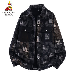 稻草人春秋季水洗牛仔衬衫男夹克青少年休闲复古宽松印花翻领外套