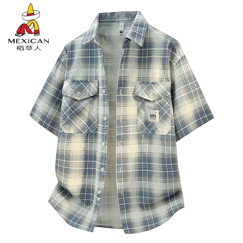 稻草人纯棉格子衬衫男短袖夏季2026新款衬衣男宽松休闲青少年上衣
