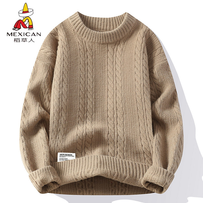 稻草人冬麻花圆领毛衣男潮流纯色百搭宽松针织衫打底衫日系上衣服