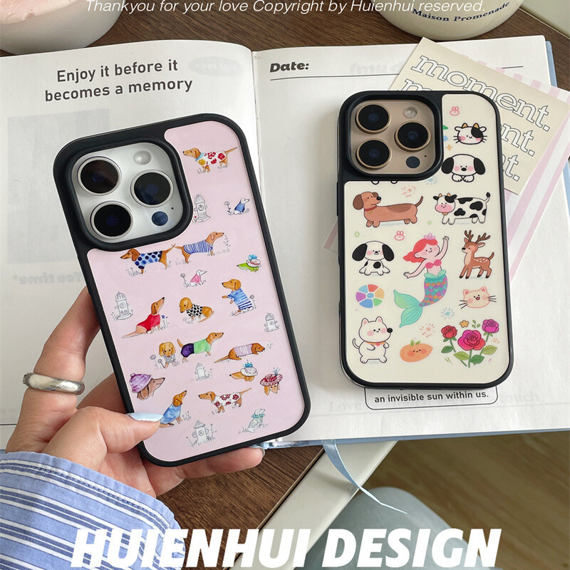 ins涂鸦卡通狗狗亚克力黑边磁吸适用苹果iPhone16promax手机壳1312pro小米1415Pro华为mate60p70三星S23防摔