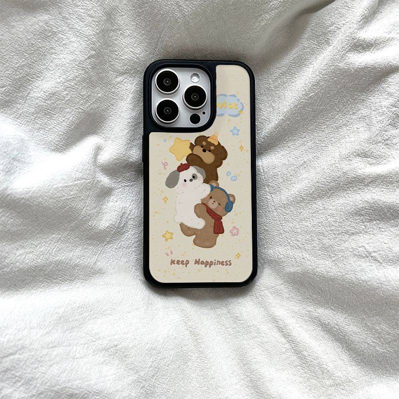 原创韩国ins小熊小狗亚克力黑边适用苹果iPhone16promax手机壳15pro小米14Pro保护套华为mate防摔三星S234