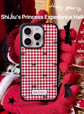 格子蝴蝶结in原创亚克力黑边磁吸适用苹果iPhone16promax手机壳1312pro小米1415Pro华为mate60p70三星S23防摔