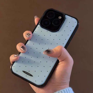 藍(lán)色英文波點(diǎn)ins亞克力黑邊磁吸適用蘋果iPhone16promax手機(jī)殼1312pro小米1415Pro華為mate60p70三星S23防摔