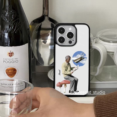 ins看报纸的老爷爷亚克力黑边适用苹果iPhone16promax手机壳1312pro小米1415Pro华为mate60p70三星S23防摔