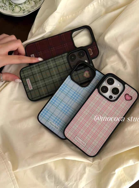 原创个性甜心格纹亚克力黑边亮面磨砂适用苹果16promax手机壳iPhone15lus14Pro13保护套12防摔ins挂绳硅胶