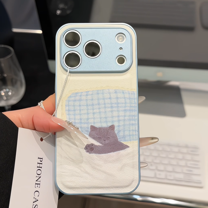 ins可爱睡觉猫咪皮质适用于苹果小米iPhone17promax全包手机壳1613pro小米1415Pro华为mate60p70荣耀vivo防摔
