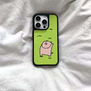 ins风草地小猪亚克力黑边磁吸适用苹果iPhone16promax手机壳1312pro小米1415Pro华为mate60p70三星S23防摔