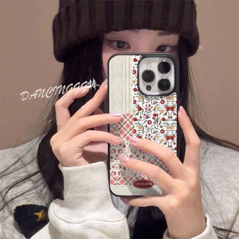 ins风拼接格纹原创亚克力黑边磁吸适用苹果iPhone16promax手机壳1315pro小米14Pro华为mate60p70三星S23防摔