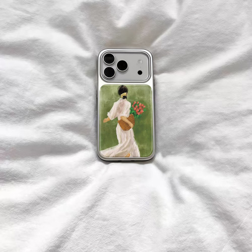 ins文艺花束少女背影电镀银磁吸适用苹果iPhone17promax手机壳1615pro小米1415Pro华为mate60p70三星S23防摔