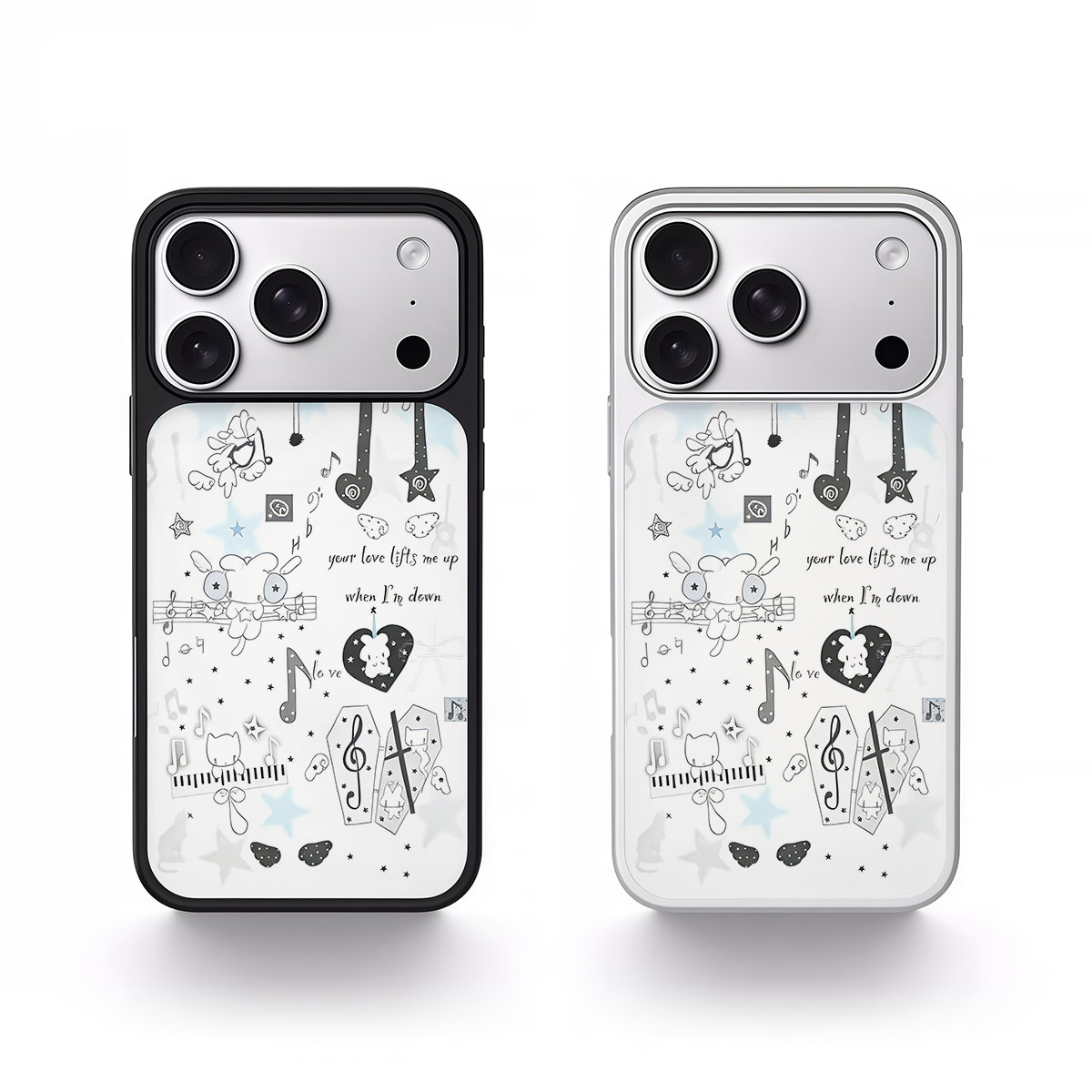 ins涂鸦音乐小兔黑边电镀银磁吸适用苹果iPhone17promax手机壳1615pro小米1415Pro华为mate60p70三星S23防摔