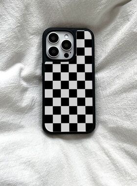 原创个性ins风黑白格子亚克力黑边亮面磨砂适用苹果16手机壳iPhone15ProMax14Pro1312mini保护套11防摔ins