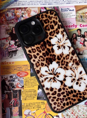 原创豹纹白色扶桑花亚克力黑边适用苹果15手机壳iPhone14ProMax13Pro12保护套11XsMax防摔ins风16小米华为